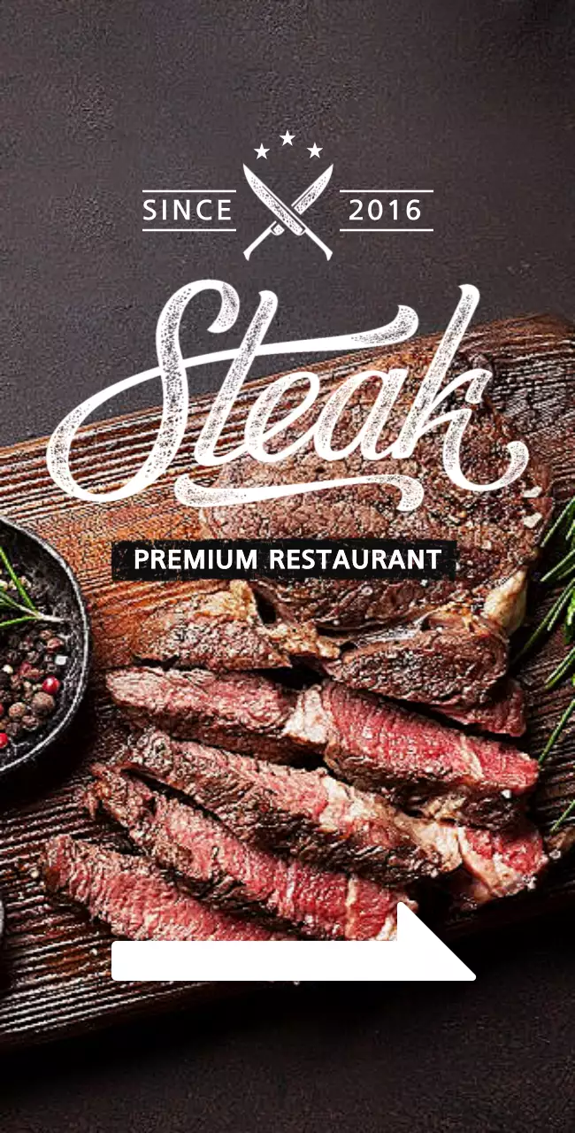 Restaurant banner with a picture of a steak on a black background