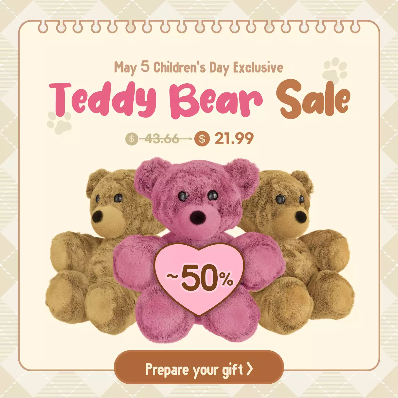 핑크 레트로 테디베어 프로모션 소셜 미디어 게시물