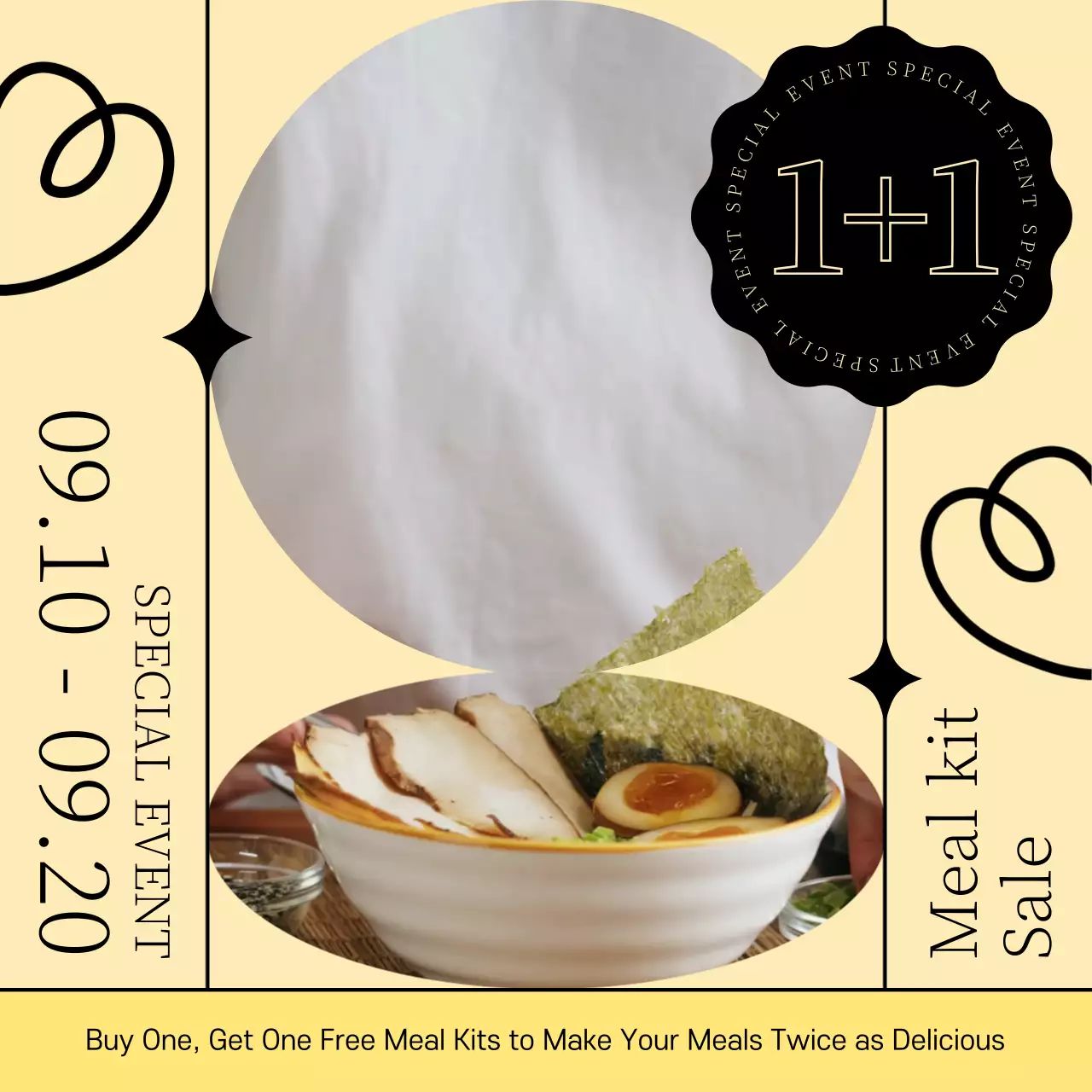 노란색 분할 레이아웃의 밀키트 1+1 할인 이벤트