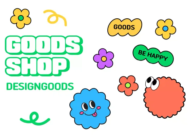 Desain toko barang dengan ilustrasi karakter bentuk dan bunga yang lucu dan penuh warna