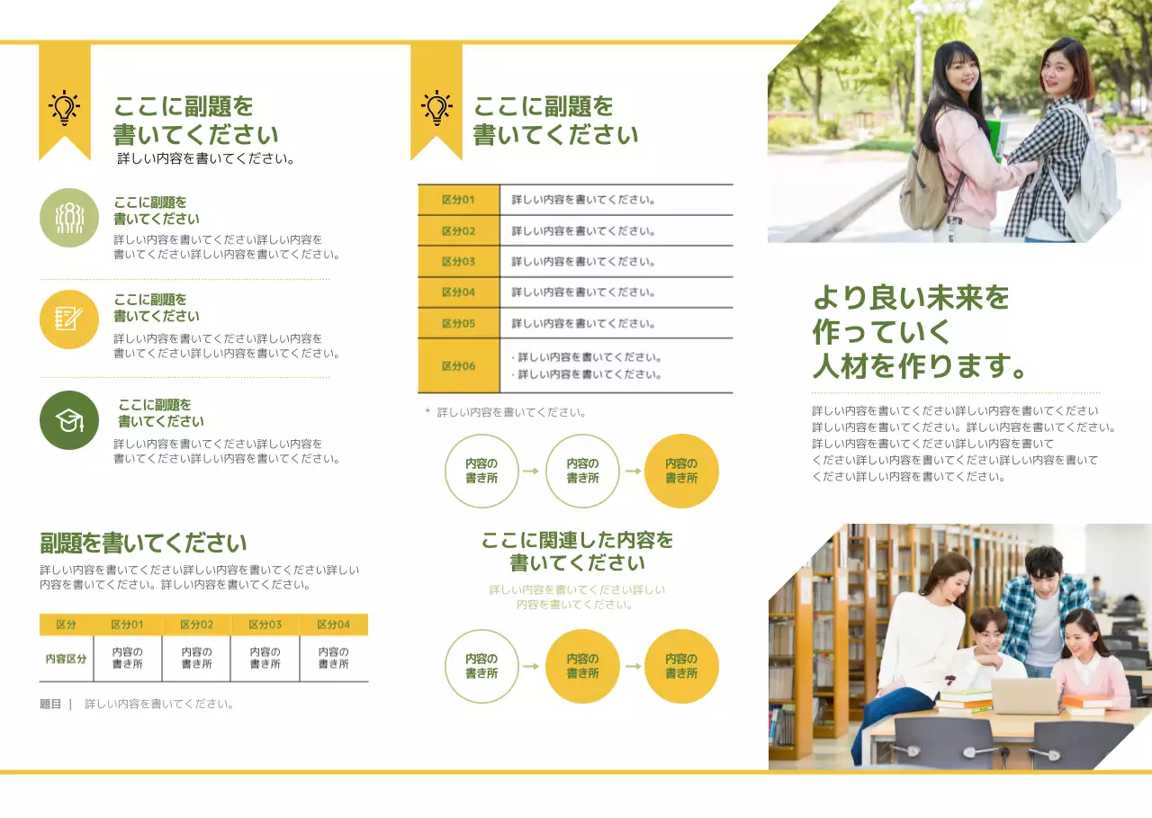 黄色と緑色の大学案内と説明