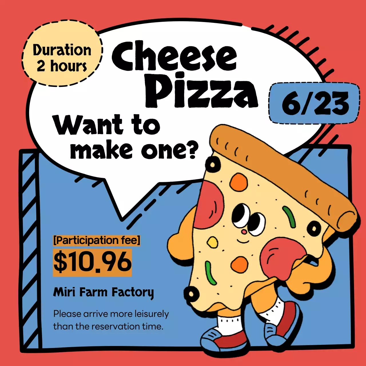 Promote your pizza experience with cute light blue and pink pizza characters