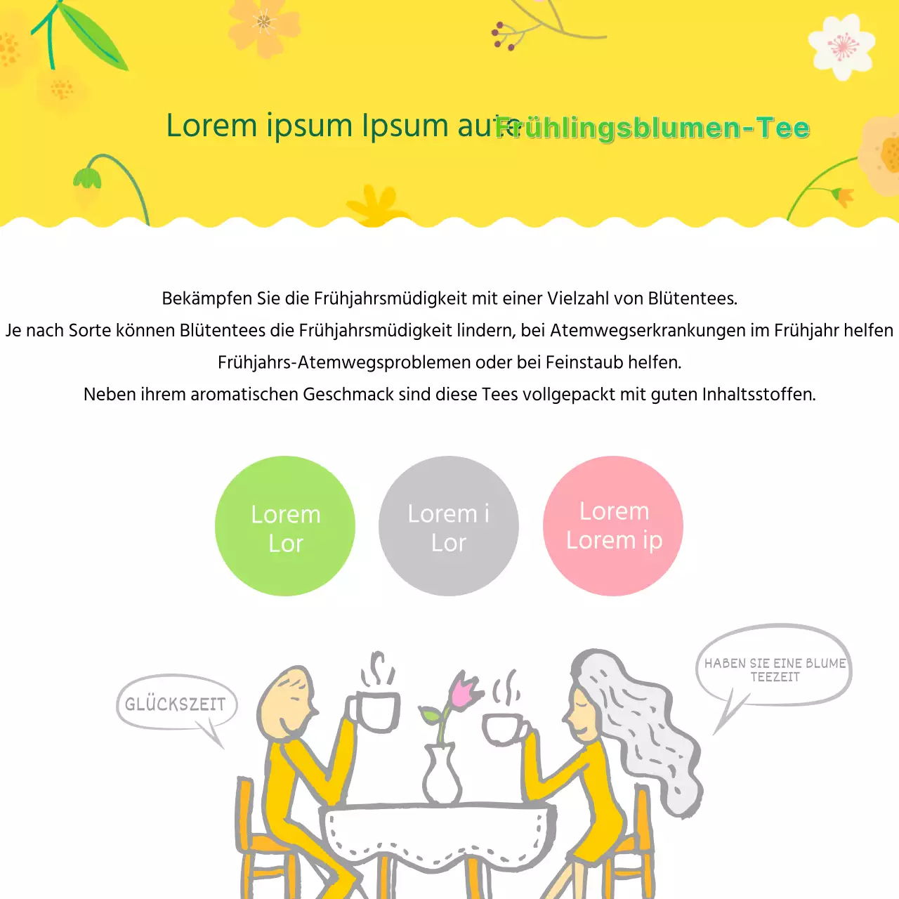 Frische, gelbe Illustrationen informieren über Frühjahrsblütentees