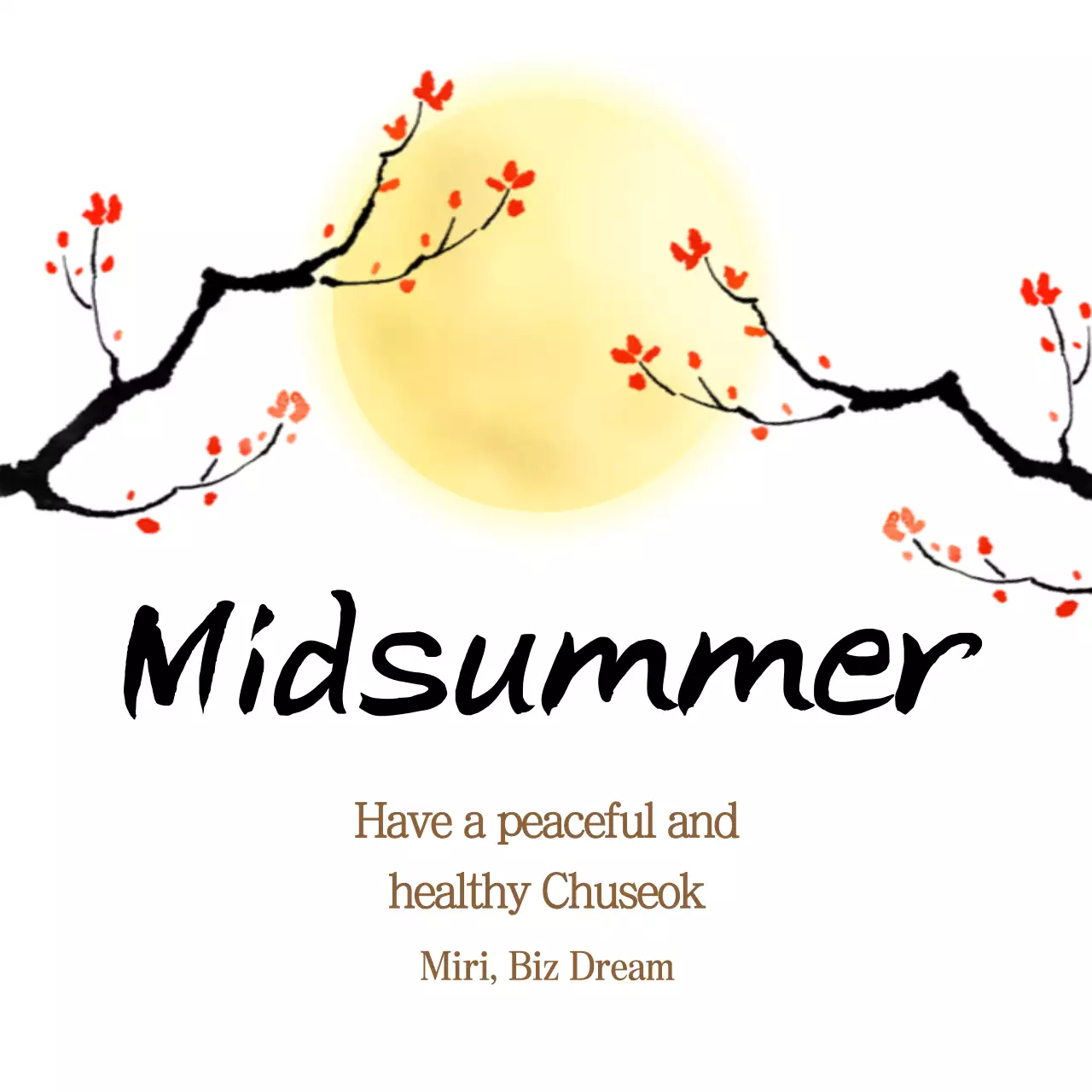 Lời chào Chuseok với trăng tròn màu vàng và cây hoa đỏ trên nền trắng