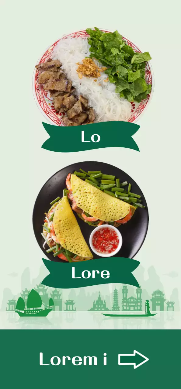 Promote a clean menu with an image of rice noodles in green accent color