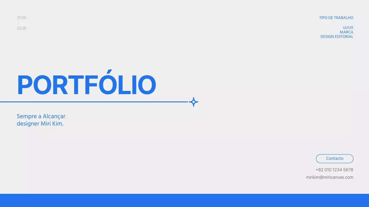 Portfólio de design com um conceito simples em azul e branco