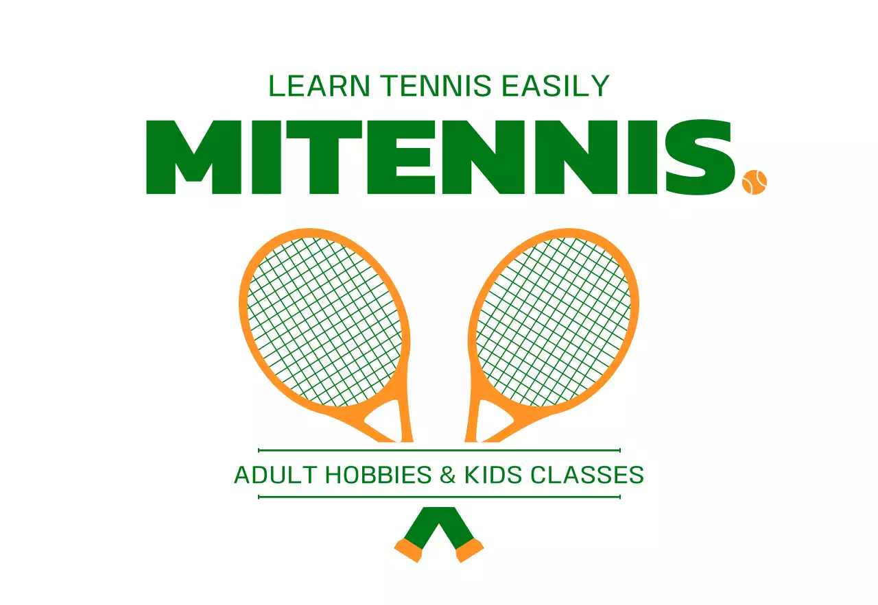 Promoting a tennis school with an illustration of tennis paraphernalia in green and orange.