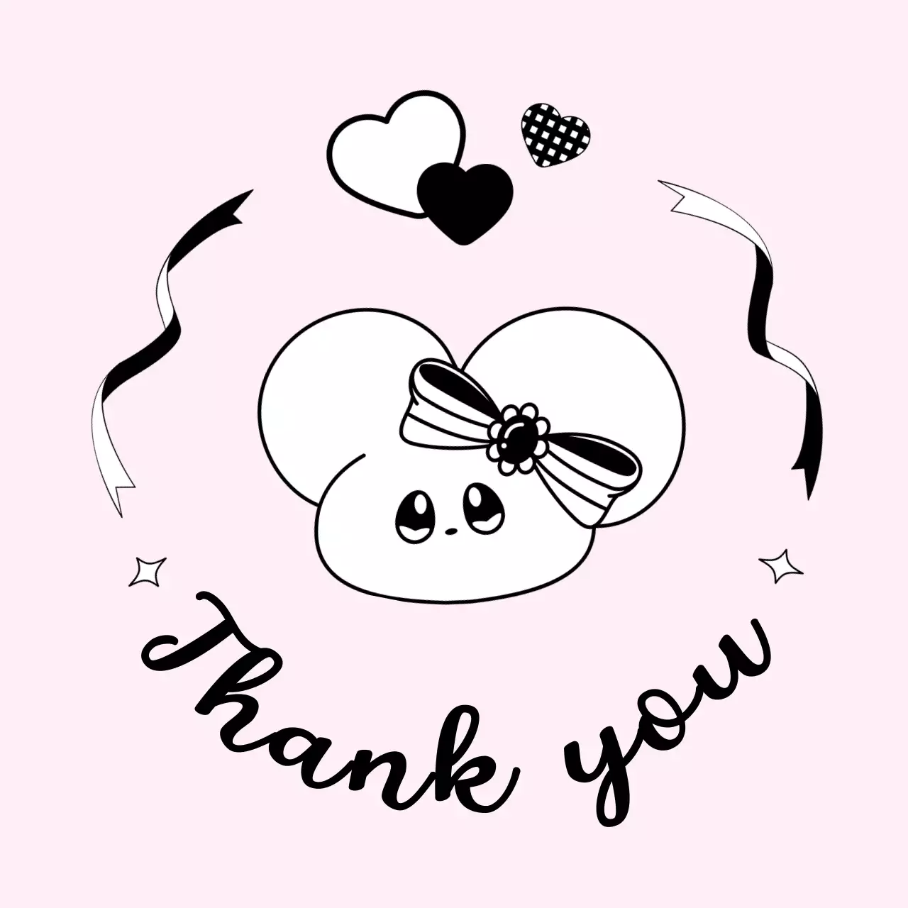 Thank you merchandise with a cute pink and black mouse character.