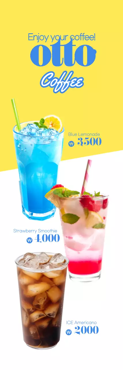 An easy-to-read cafe promotional banner with text and photo illustrations of summer beverages for an otto coffee cafe in fresh colors.