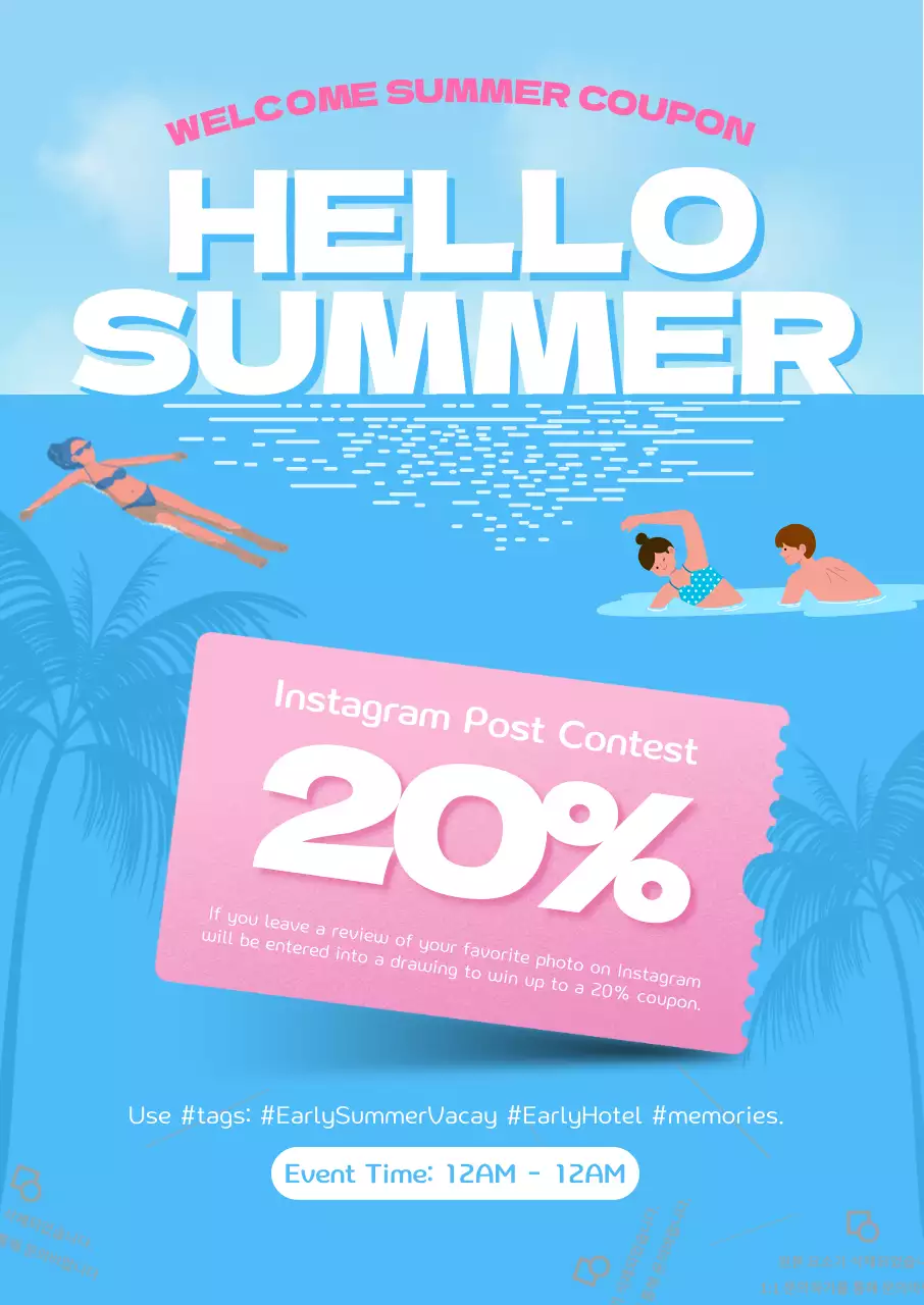 Sự kiện lưu trú du lịch mùa hè nổi bật với các phiếu giảm giá màu hồng trên nền trời xanh và biển mát mẻ