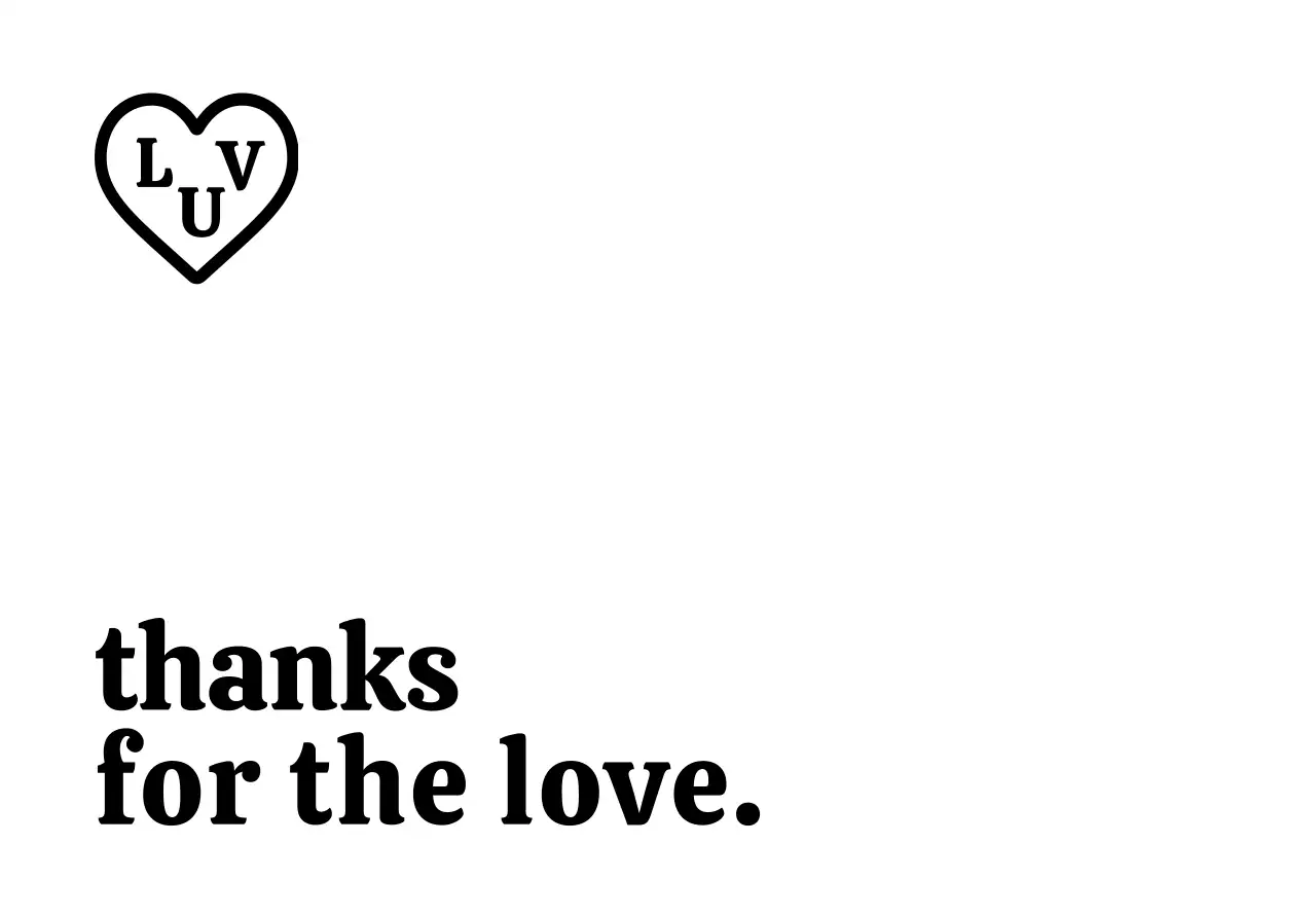 A simple, branded thank you envelope with black text and a heart-shaped illustration.
