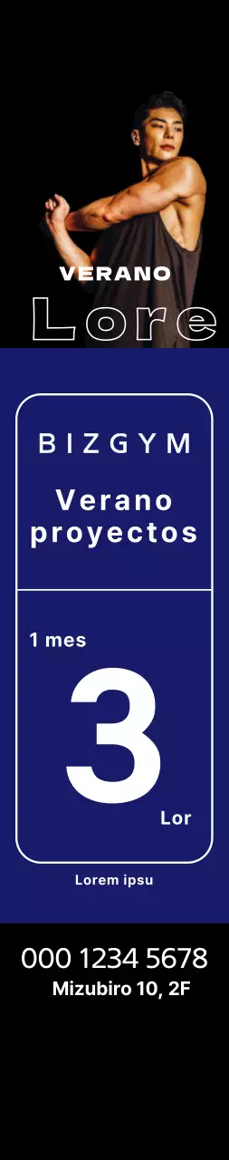 Banderín para eventos de verano con cuadrados azules y un hombre atlético sobre fondo negro