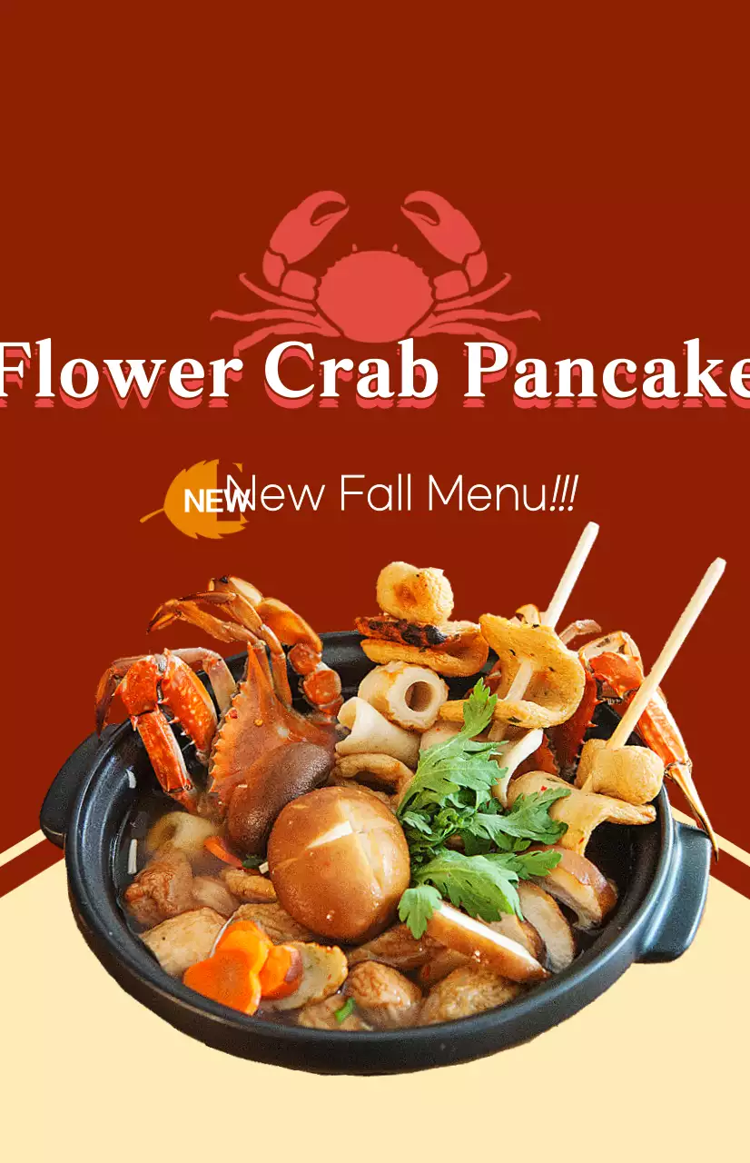 Uma peça promocional para um novo menu de outono com texto e ilustrações para um prato com caranguejos azuis.