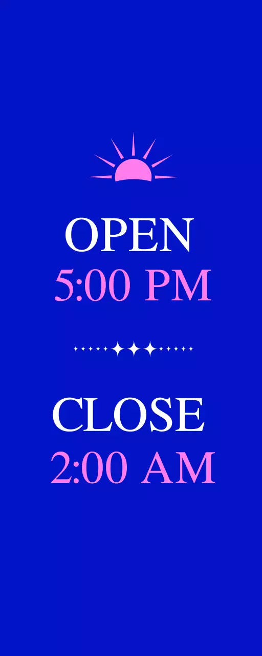 Mempromosikan bar koktail dengan ilustrasi matahari berwarna biru dan merah muda