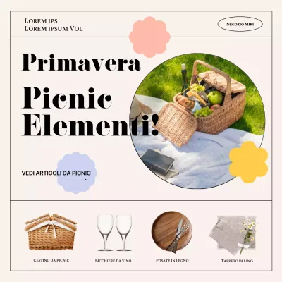 Una collezione di set da picnic primaverili, caratterizzata da cornici e colori pastello