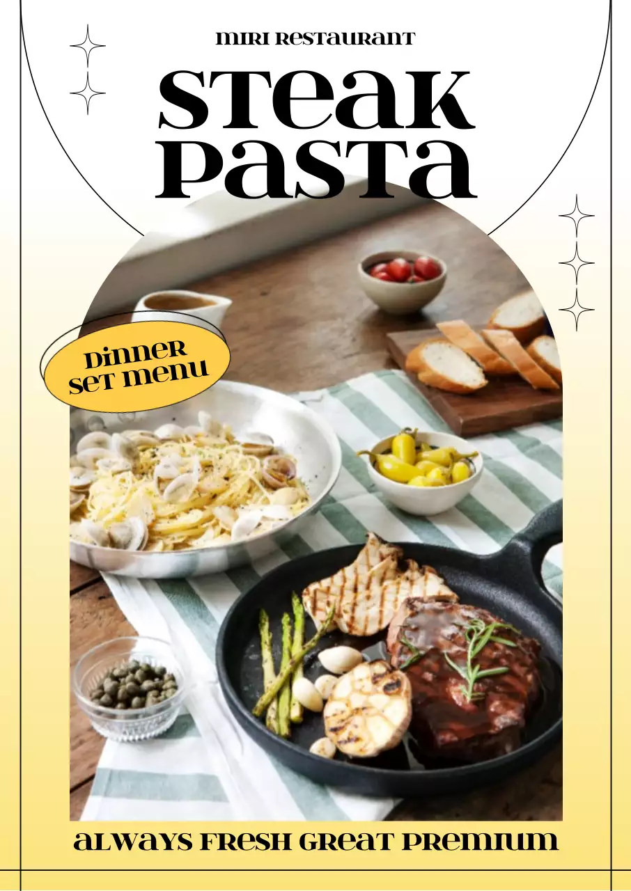 爽やかなイエローカラーのグラデーションとリズム感のあるラインと図形でトレンディに表現した洋食メニュー。