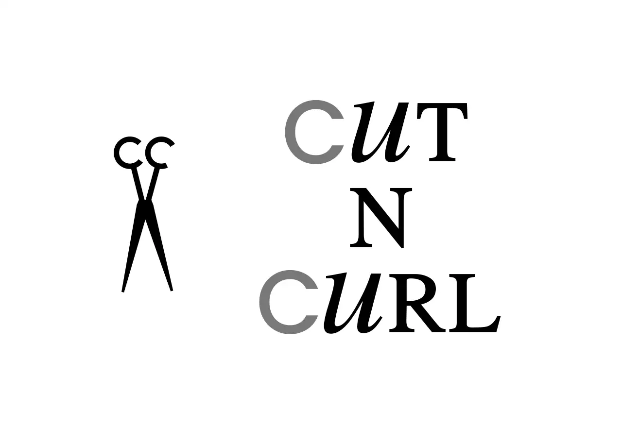 A classic-looking storefront sign with white and black cut-and-curl hair salon text and a scissors illustration.