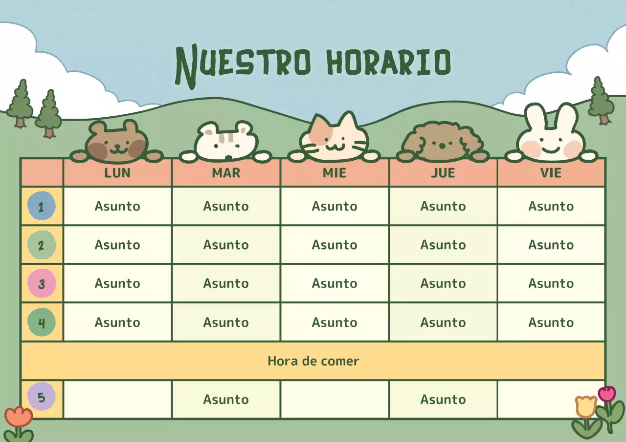 Horario con simpáticas ilustraciones en azul claro y verde