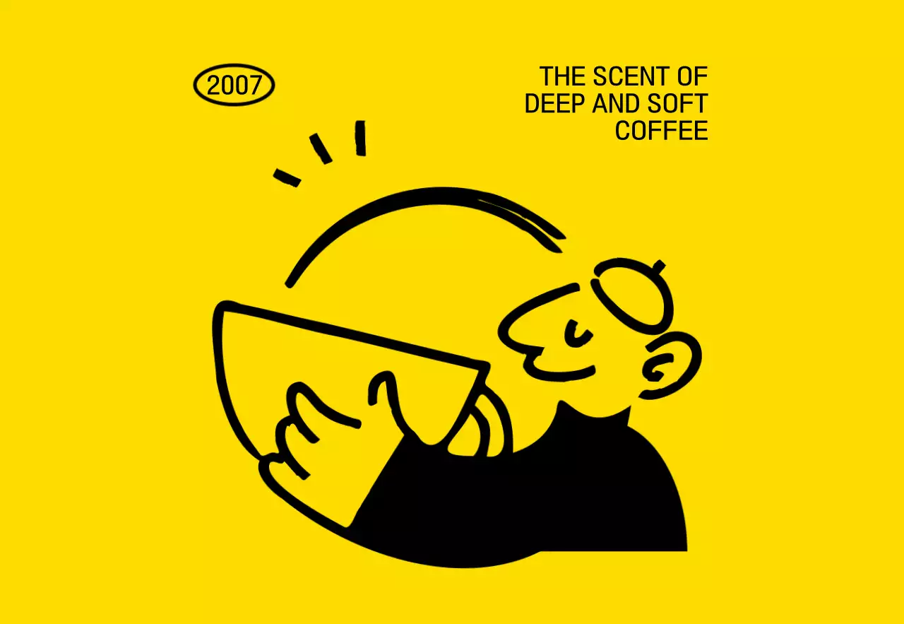 黄色と黒のコーヒーを飲んでいる落書き風の人物のイラストが描かれたヒップなコンセプトのカフェの宣伝用