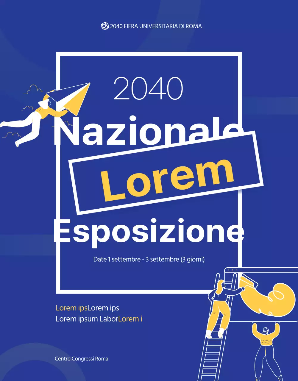 Illustrazione blu e gialla di una fiera di ammissione al college