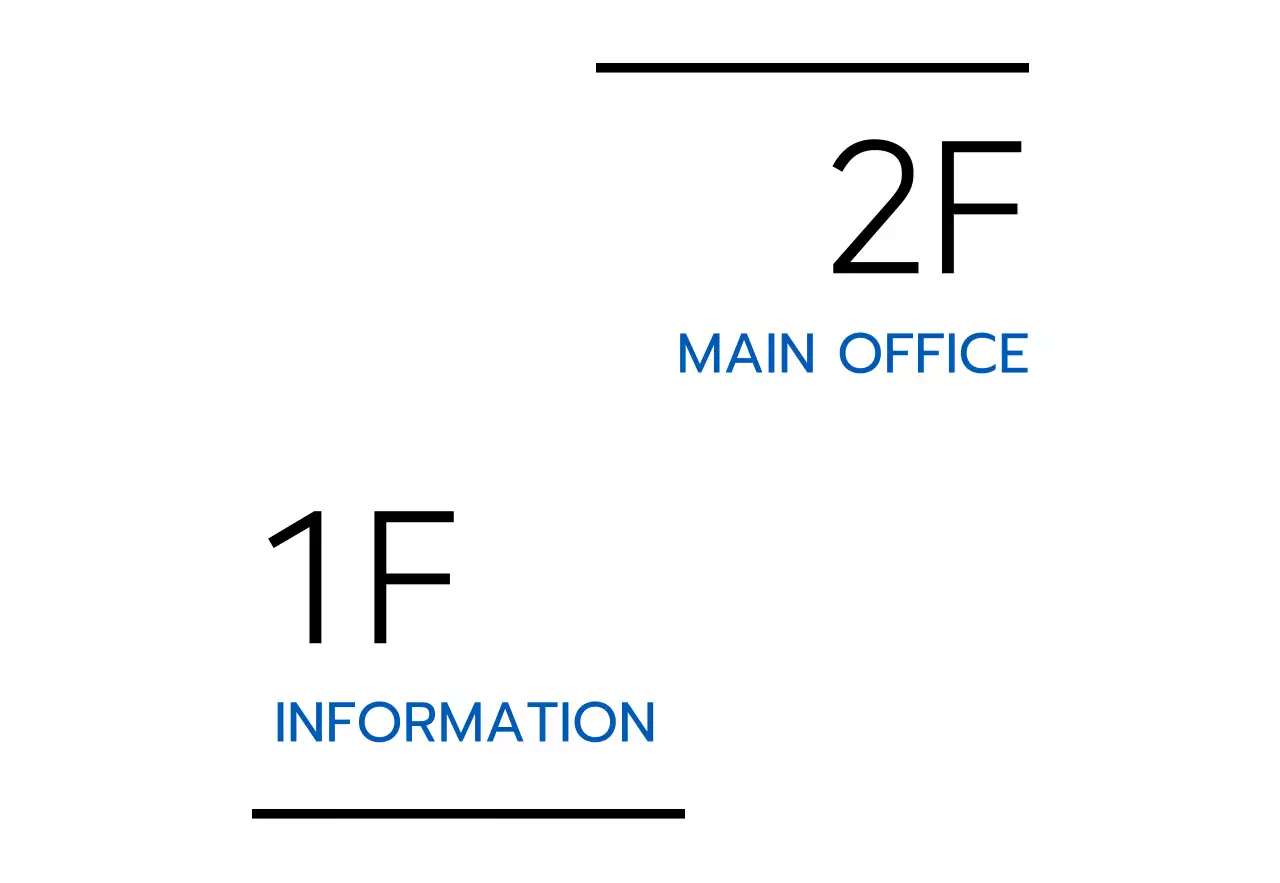 黒と青のシンプルなアイコンがある会社の地名と階ごとの案内。