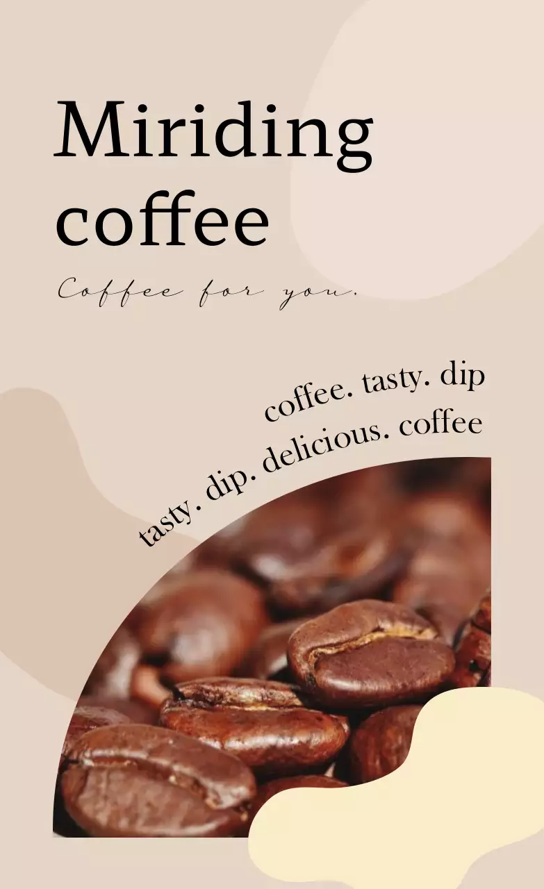 Promote a cafe with brown text and a photo illustration of coffee beans.