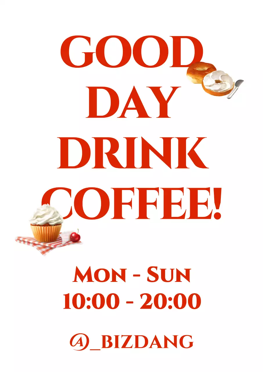 赤のカフェ関連の文言と営業時間があるカフェのデザイン。
