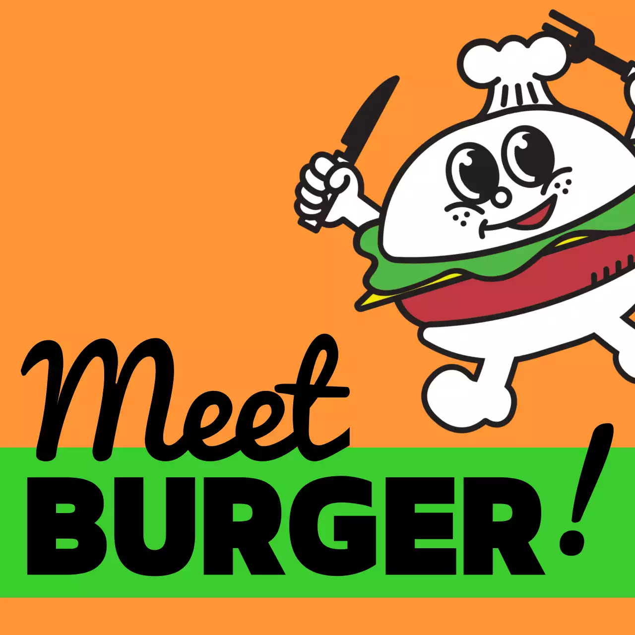 Unique storefront signage with colorful, multicolored Meat Burger text and cute burger characters