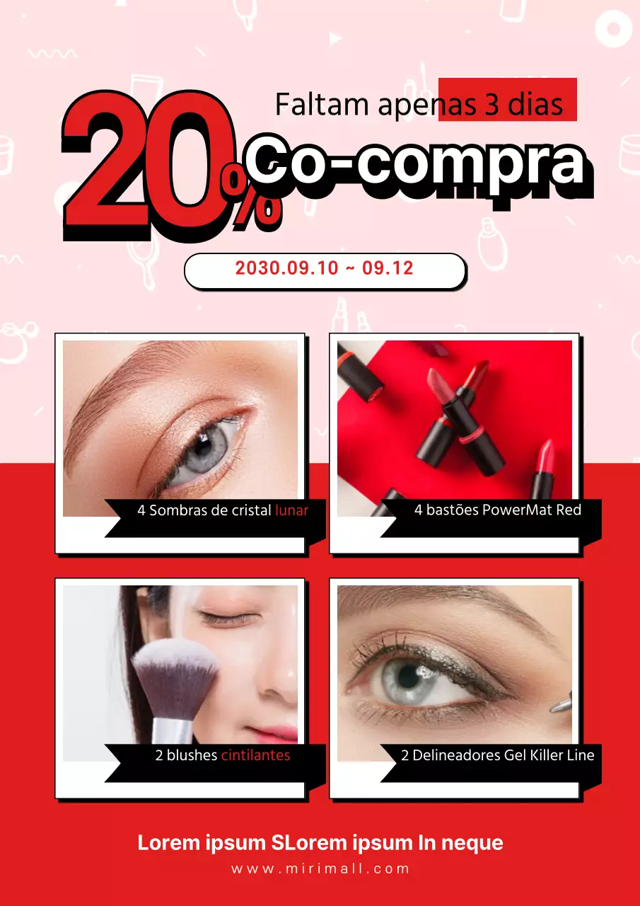 Promover um evento de desconto de co-compra com fotografias de produtos a vermelho