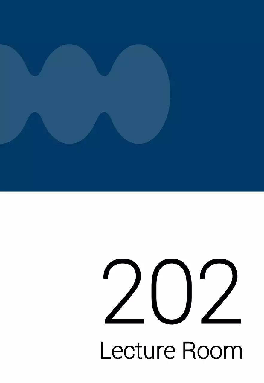 青と黒のシンプルな図形がポイントの大学教室名のご案内