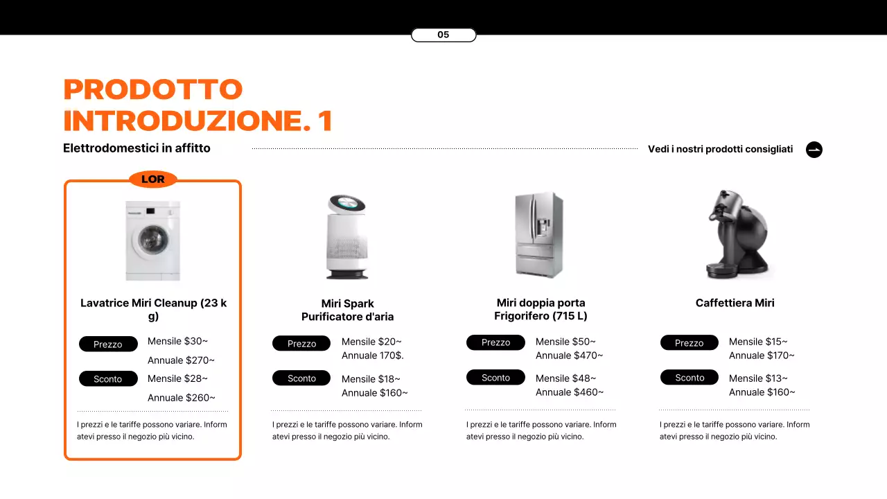 Proposta di servizio di noleggio elettrodomestici con elementi arancioni