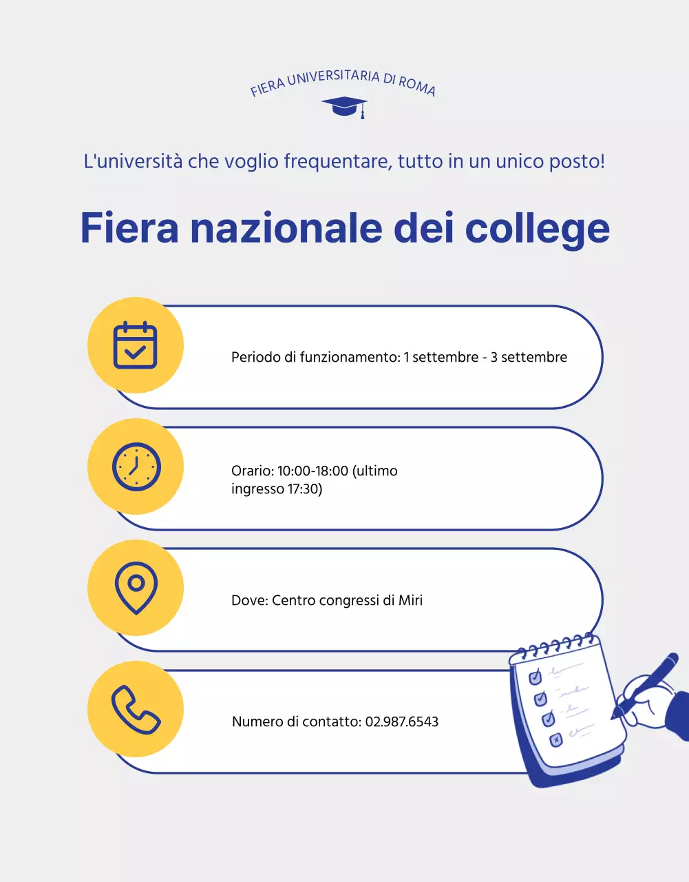Illustrazione blu e gialla di una fiera di ammissione al college