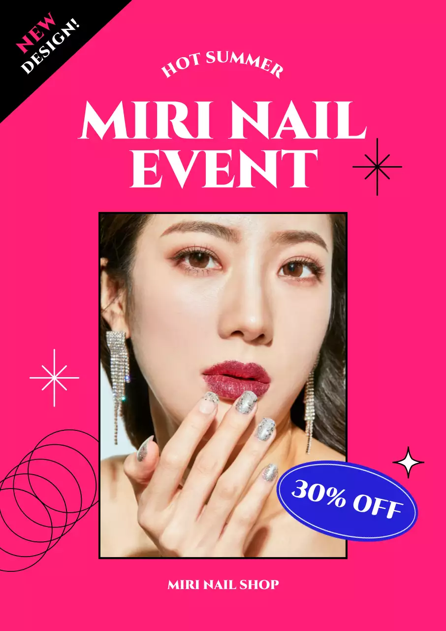 A colorful nail sale in a frame with a line illustration on a hot pink background.