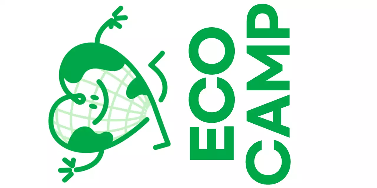 Promote an eco-friendly camp with a cute heart-shaped earth character in green.