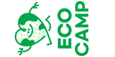 Promote an eco-friendly camp with a cute heart-shaped earth character in green.