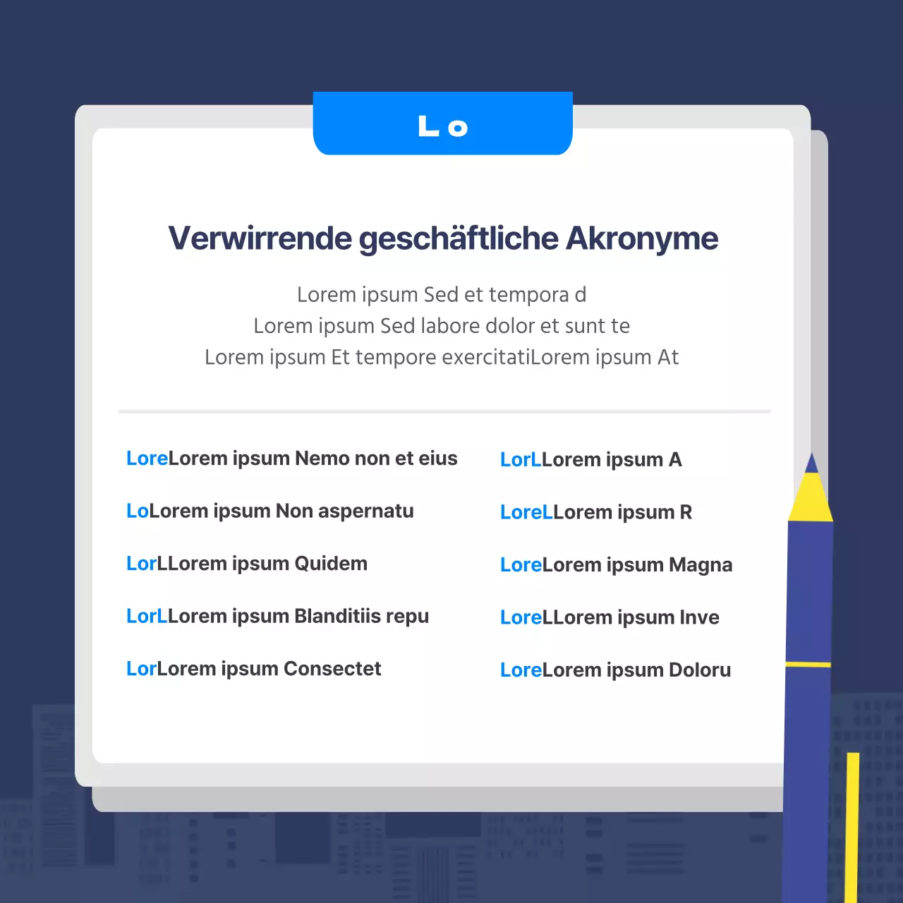 Entwurf einer Tabelle mit Geschäftskürzeln in Marineblau