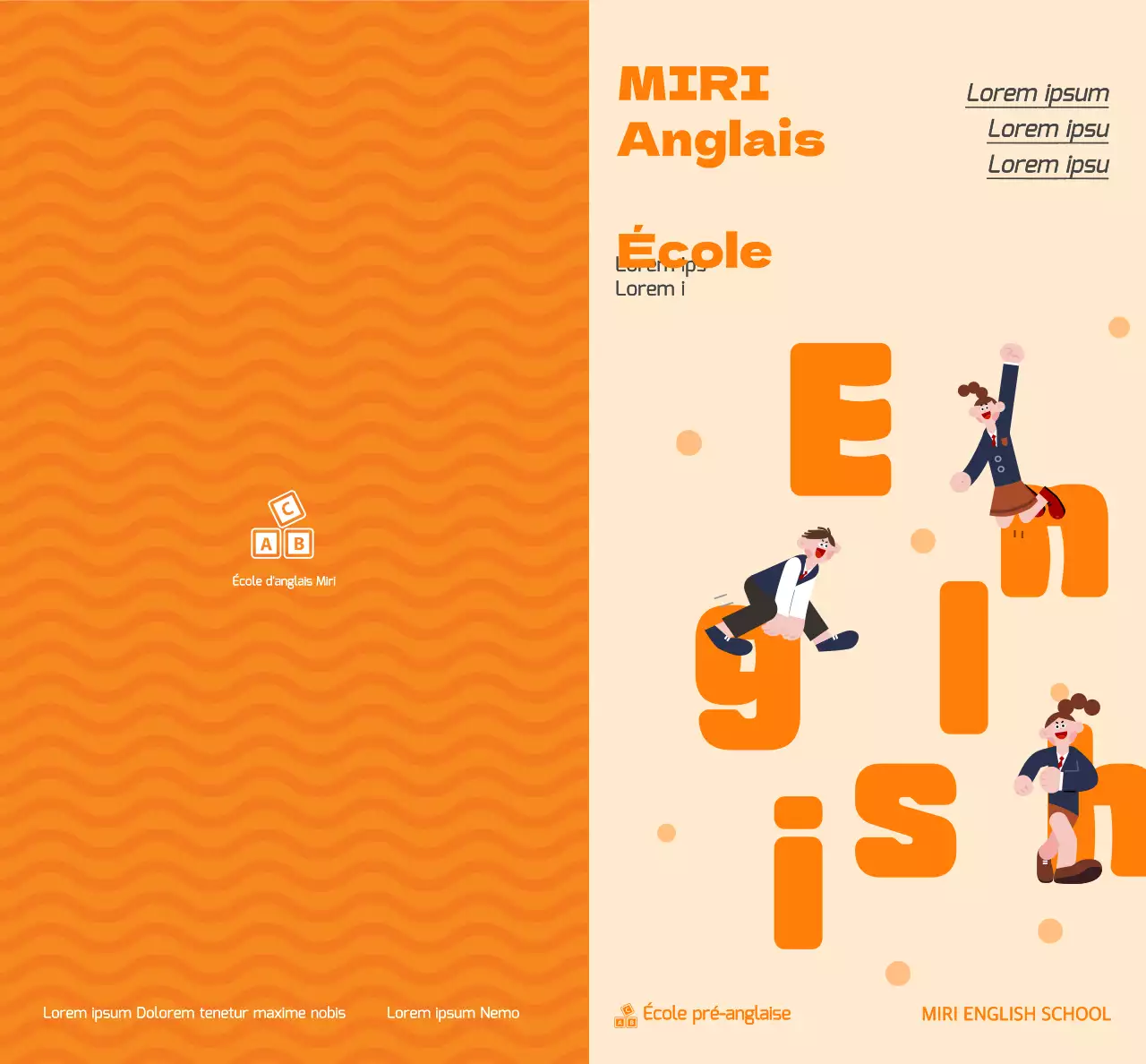 Promouvoir une école de langue anglaise avec une illustration d'étudiants en uniforme orange.