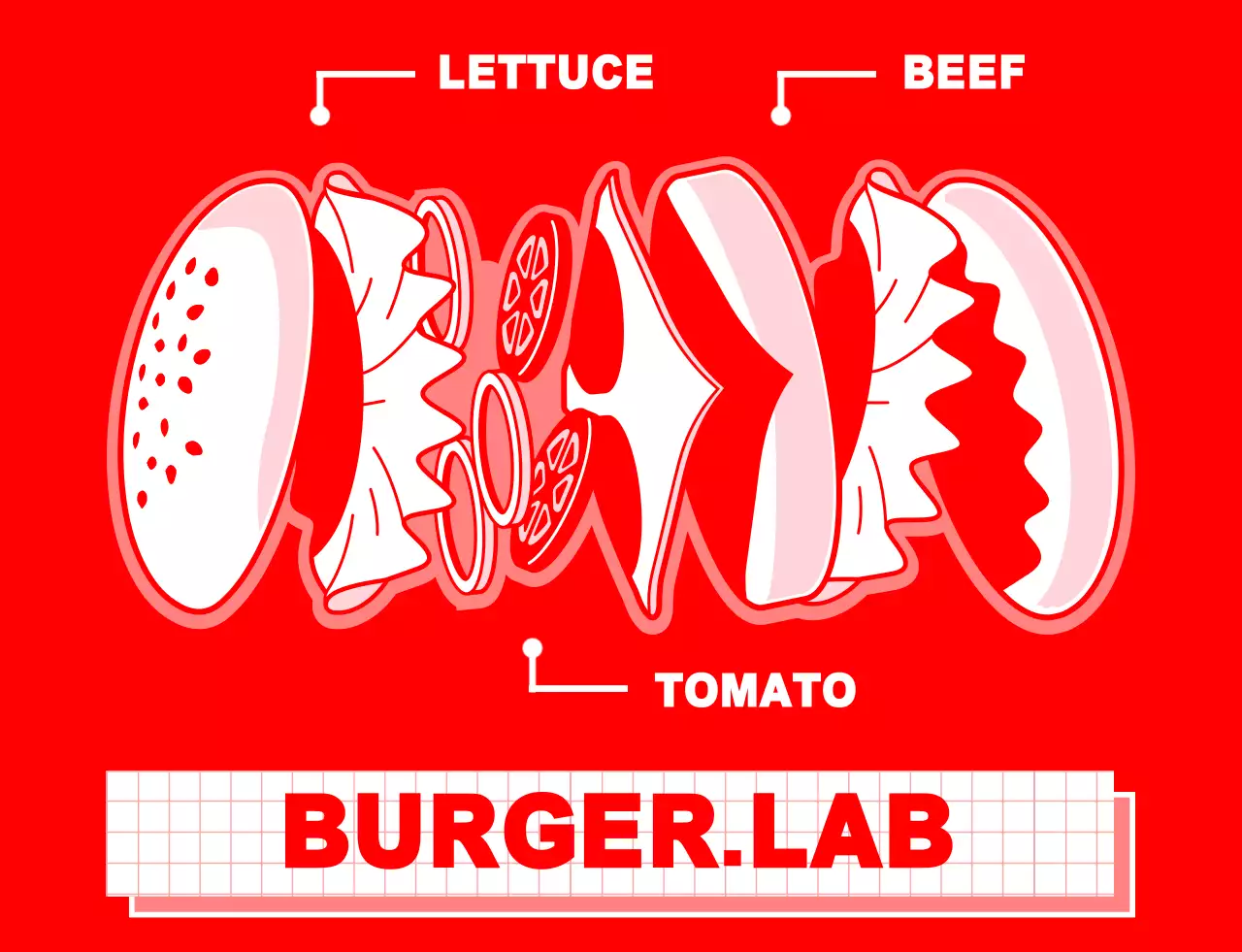 Desain bersih untuk toko burger dengan ilustrasi bahan burger berwarna merah dan putih