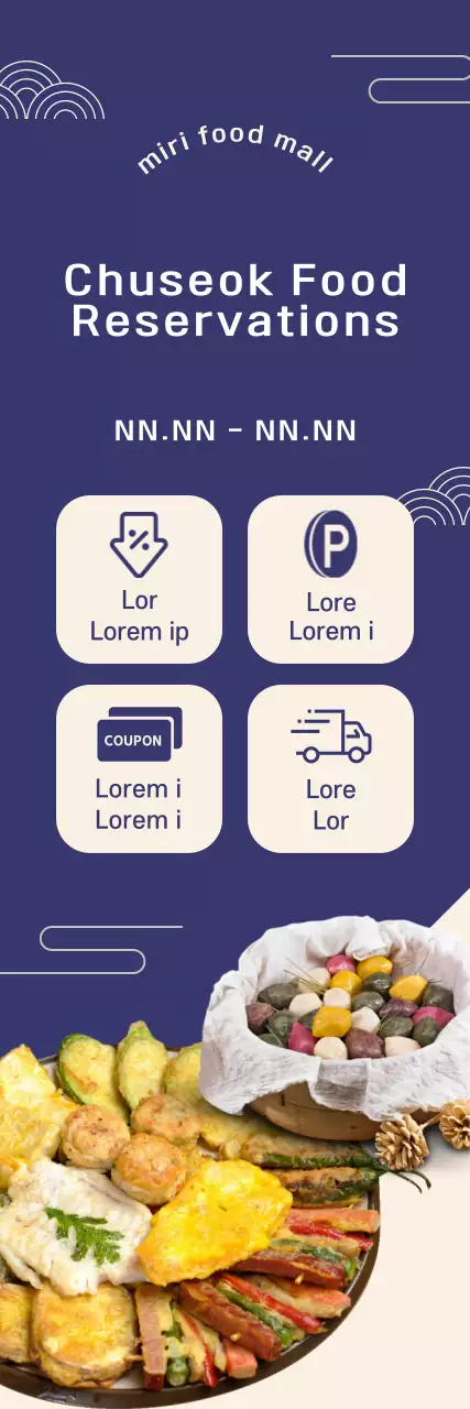 Promotional banner with holiday food photos and offer icons on a navy background