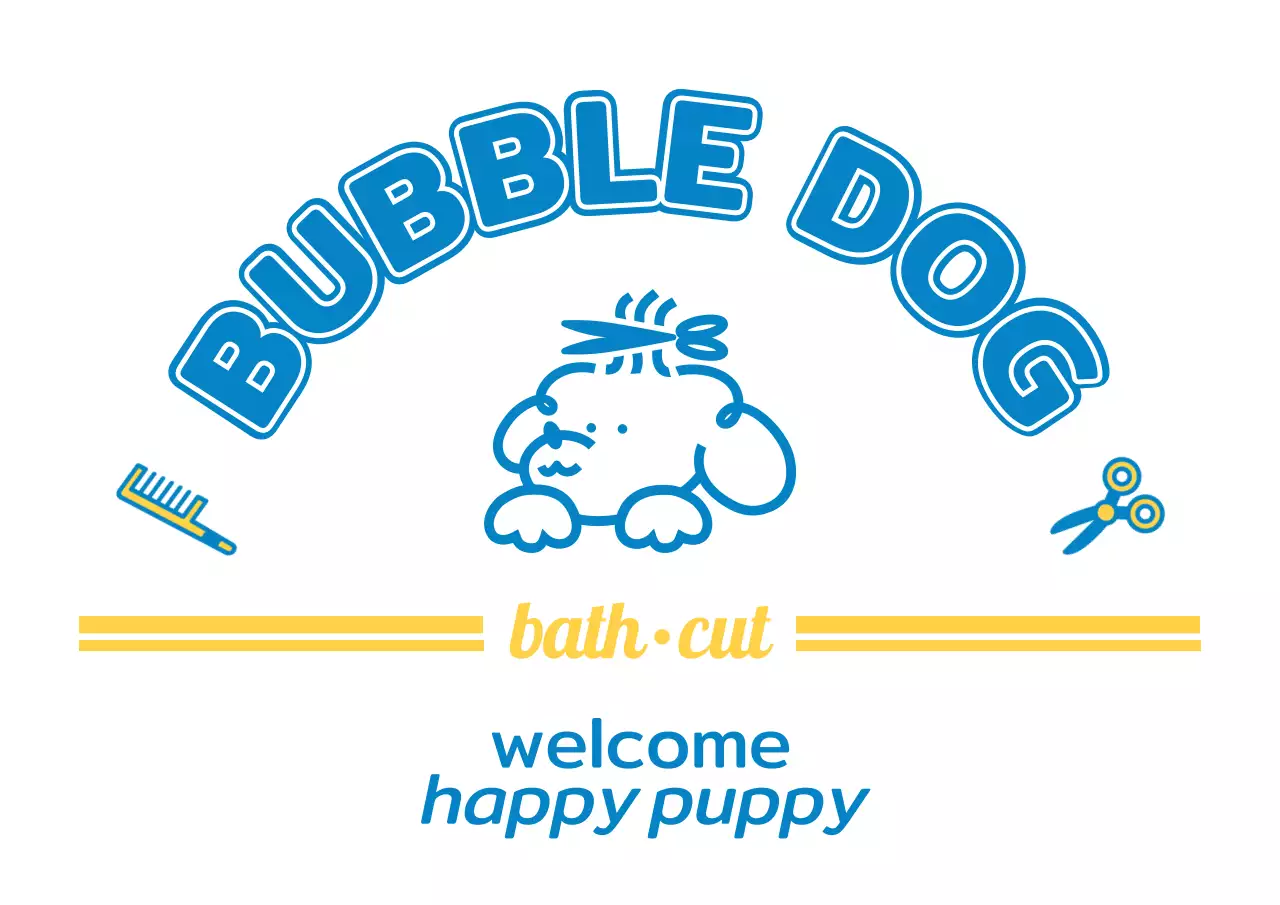 青と黄色のかわいい子犬のキャラクターがいる愛犬美容室