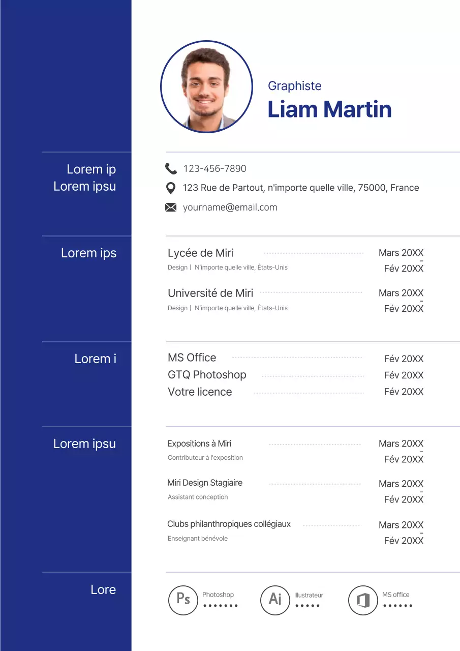 Un formulaire de CV au concept simple et épuré, en bleu.