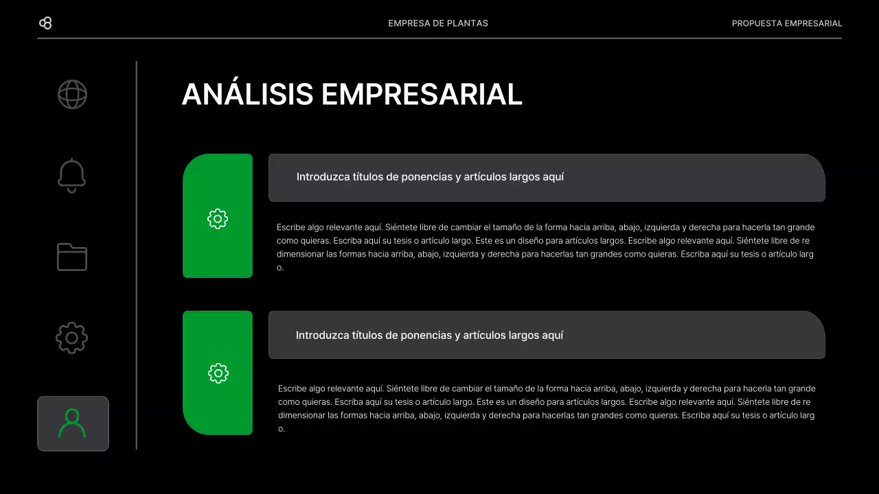 Propuesta de negocio para una empresa con un concepto de hoja natural verde y negro