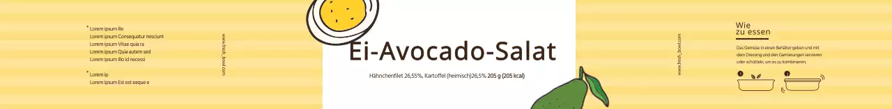 Gelbes illustriertes Etikett für Eier- und Avocadosalat