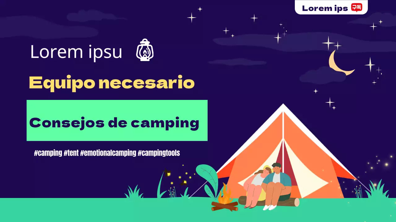 Equipo esencial y consejos de acampada para campistas noveles, con cielos nocturnos e ilustraciones de acampada limpia.