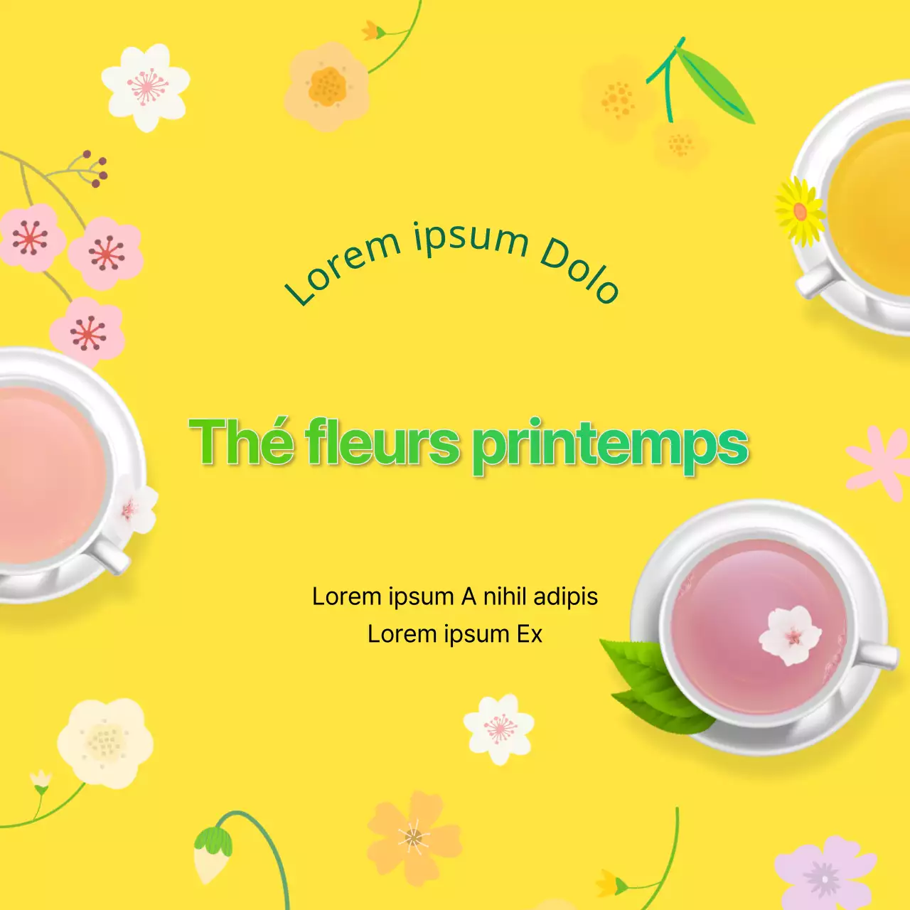 Des illustrations fraîches et jaunes fournissent des informations sur les thés de fleurs printaniers.