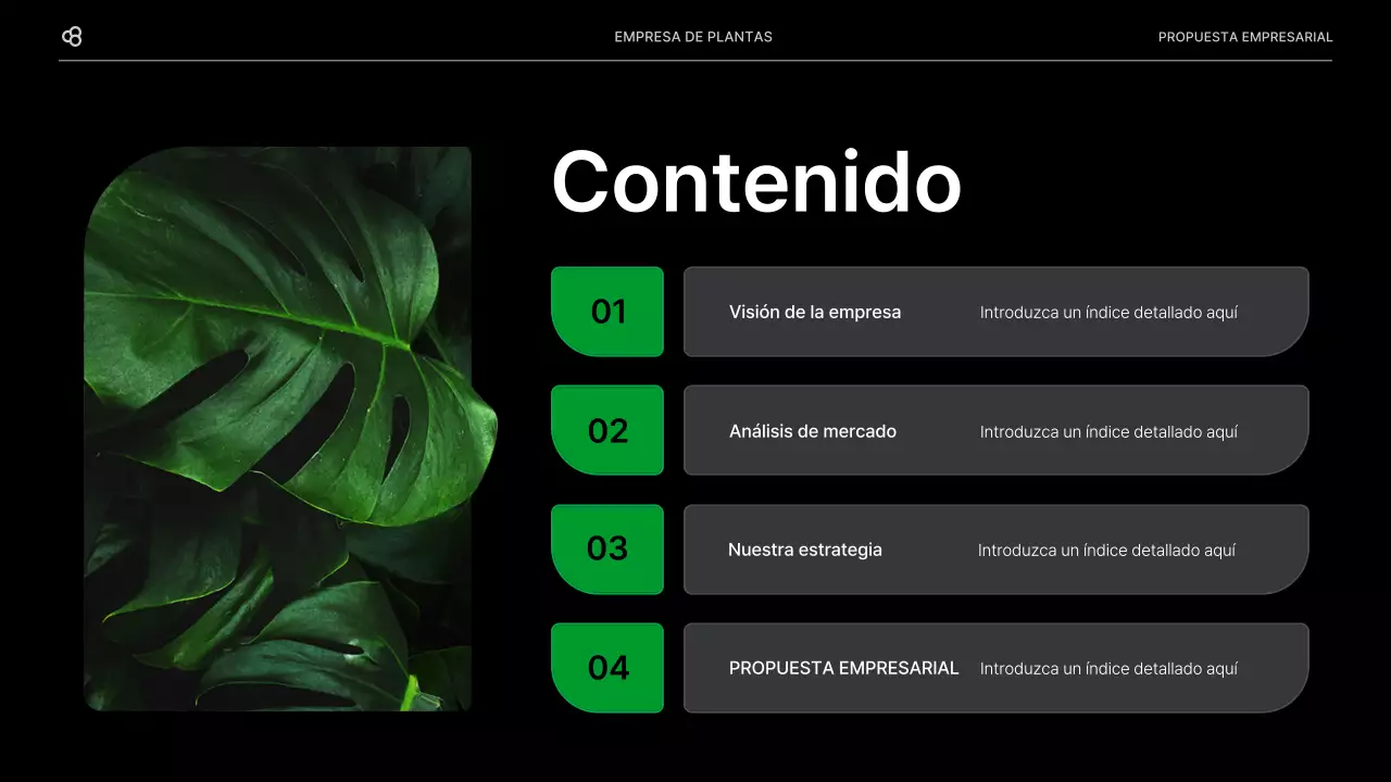 Propuesta de negocio para una empresa con un concepto de hoja natural verde y negro