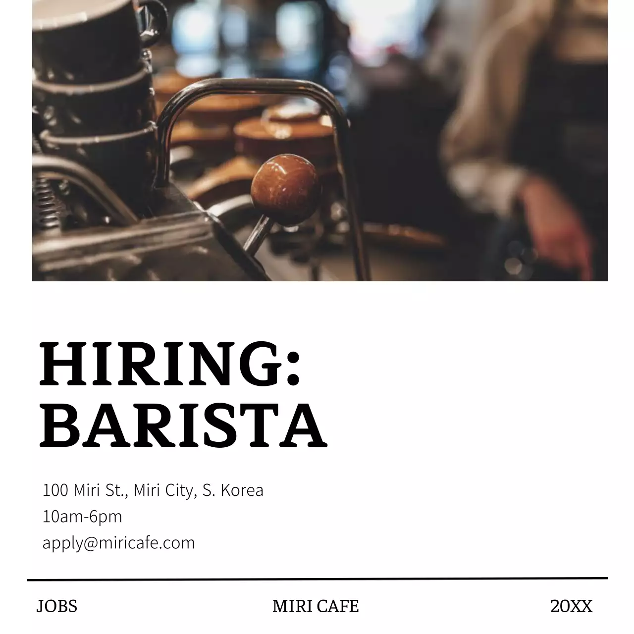 Um simples anúncio de recrutamento de baristas em branco e preto