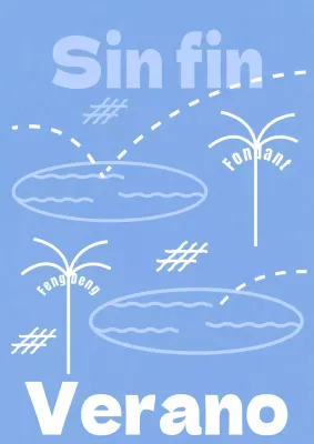 Ilustración lineal de palmera y piscina en azul claro
