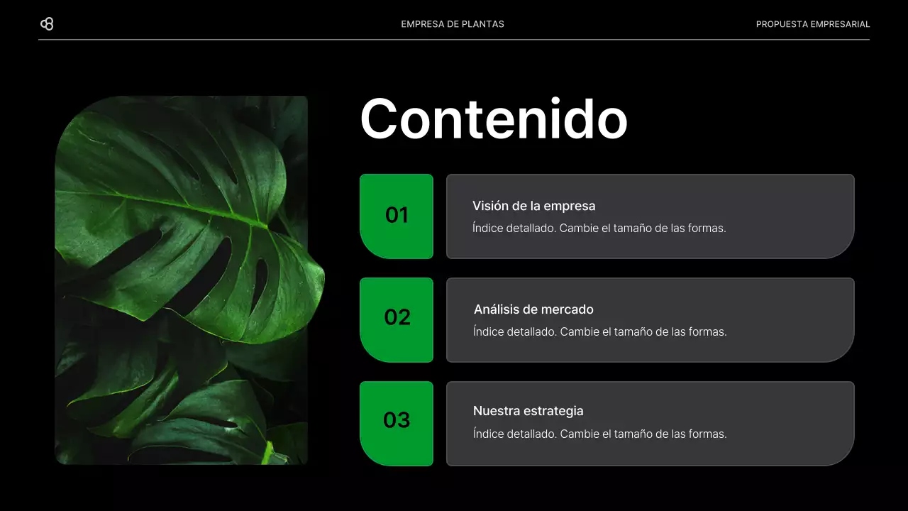 Propuesta de negocio para una empresa con un concepto de hoja natural verde y negro