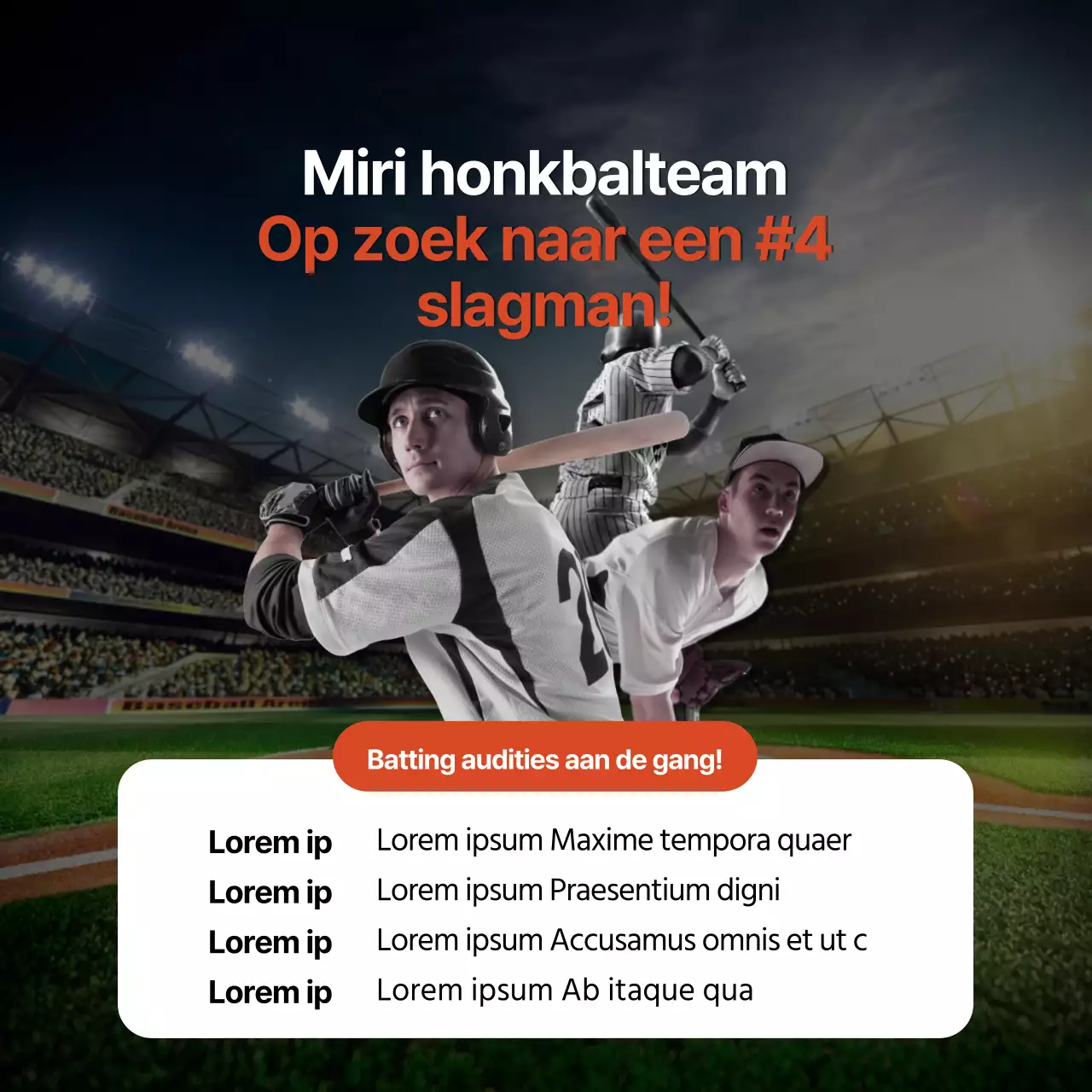 Op zoek naar slagmensen voor een trendy rood-wit sociaal honkbalteam.